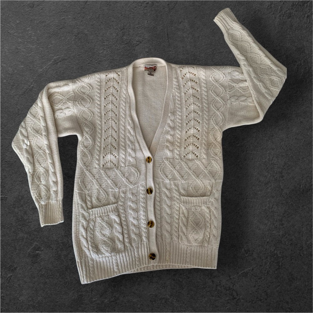 VTG Cable Knit Chunky Cardigan Sweater 80s Junior S Shoulder Pad Red Camel Cream